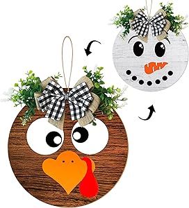 Thanksgiving/Winter Hanging Door Sign, Turkey/Snowman Reversible Door Wreath Hanging Decorations for Front Door Farmhouse Thanksgiving/Winter/Christmas Decorations Indoor Outdoor Green Leaves Decoration, Thanksgiving Door Sign, Winter Christmas Decorations, Farmhouse Thanksgiving, Christmas Decorations Indoor, Front Door Farmhouse, Wreath Hanging, Door Farmhouse, Snowman Door