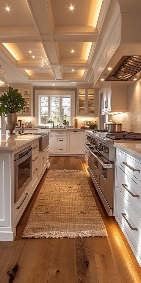 Nice Big Kitchens, Suburban Kitchen Ideas, Dream Kitchen Cozy, Dream Home Design Kitchen, Suburban House Kitchen, American House Aesthetic, House Inspo Aesthetic, Tall Ceiling Kitchen, Kitchen Natural Light