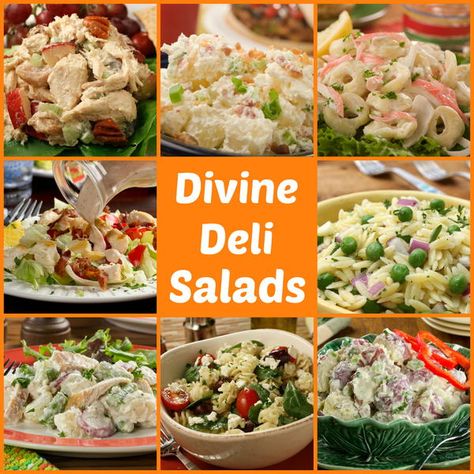 56 Divine Deli Salads. Bring these deli salad recipes to your next picnic, BBQ or potluck. Everyone will love these easy and tasty side dish recipes! Types Of Salads, Deli Salad, Deli Salads, Hot Chicken Salads, Baked Potato Salad, Different Salads, Deli Style, Cold Salad, Deli Food