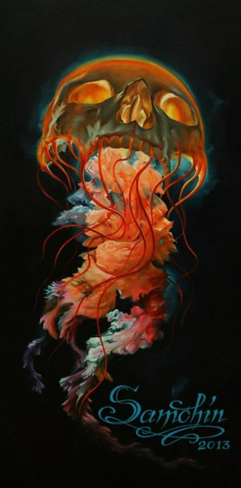 Dmitriy Samohin  ‎>" Skull-Jellyfish"  > Original   > Oil painting , canvas on wood  > 30x60 cm Jellyfish Jewelry, Jellyfish Illustration, Jellyfish Painting, Jellyfish Drawing, Jellyfish Tattoo, Dark Beauty, Skull And Bones, Skull Art, Jellyfish