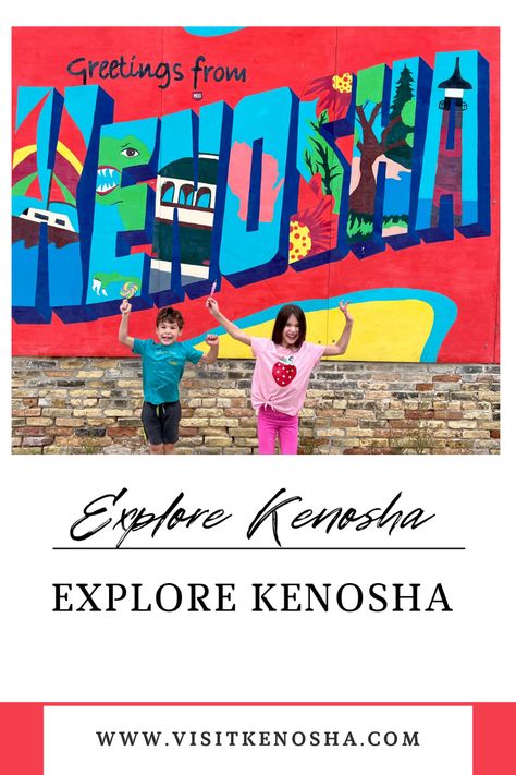 A young boy and girl stand excited in front of a mural that says Kenosha in bright saturated colors! Family Bucket List, Indoor Things To Do, Kenosha Wisconsin, Rockford Illinois, Best Drinks, Discovery Museum, Bucket List Family, Road Trippin, Weekend Trip