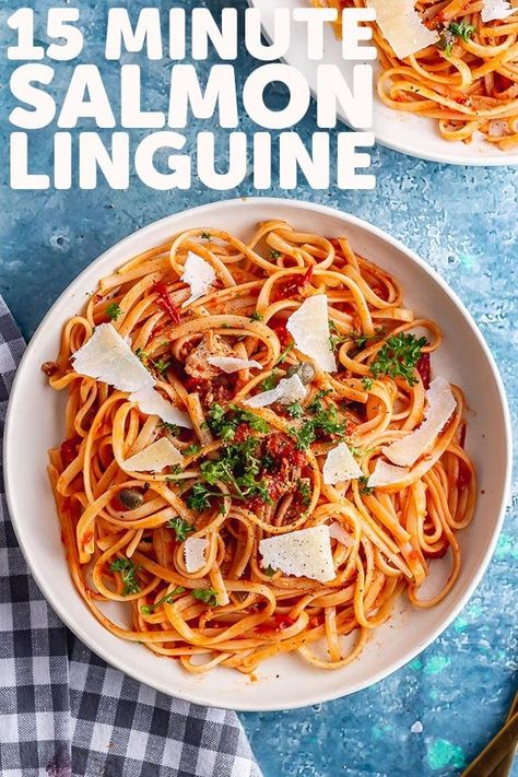 This spicy salmon linguine takes just 15 minutes to make and has a rich tomato sauce with a salty kick from the capers and plenty of garlic. Finish with a squeeze of fresh lemon juice. Salmon Linguine, Salmon Spaghetti, Salmon Pasta Recipes, Canned Salmon Recipes, Spring Recipes Dinner, Leftover Salmon, Canned Salmon, Salmon Pasta, Spicy Salmon