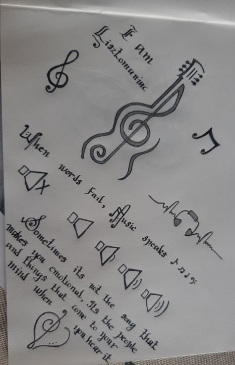 Easy Drawings About Music, Music Things To Draw, Drawing Ideas Music Sketch, Where Words Fail Music Speaks Tattoo, Music Sketches Easy, When Words Fail Music Speaks Tattoo, Music Doodles Simple, Music Drawings Creative, Music Drawings Aesthetic