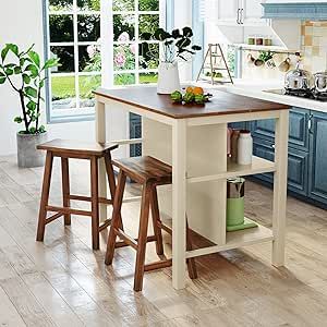 Polibi 3-Piece Kitchen Island Set with 2 Stools and 2 Shelves, Rustic Rubber Wood Dining Set Prep Table Set with Open Shelves for Small Places, Walnut+Cream White Narrow Kitchen Island, Kitchen Prep Table, Small Kitchen Table Sets, Walnut Cream, Solid Wood Kitchen, Prep Table, Small Kitchen Tables, Small Kitchen Island, Solid Wood Kitchens