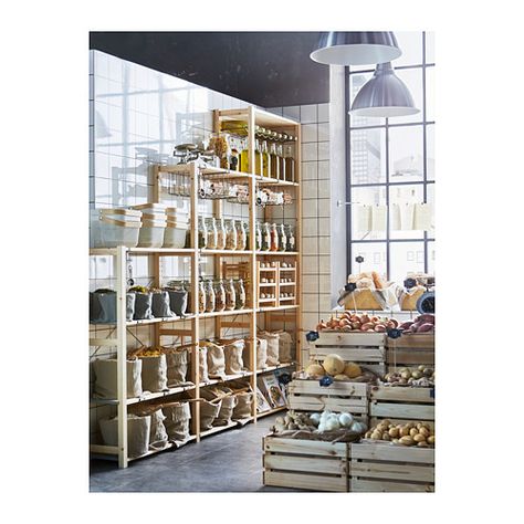 IVAR 3 section shelving unit IKEA Untreated solid pine is a durable natural material that can be painted, oiled or stained according to preference. Grocery Store Design, Ikea Ivar, Ikea Shelves, Retail Shelving, Cottage Interiors, Luxury Bedding Sets, Metal Shelves, Cafe Interior, Cafe Design