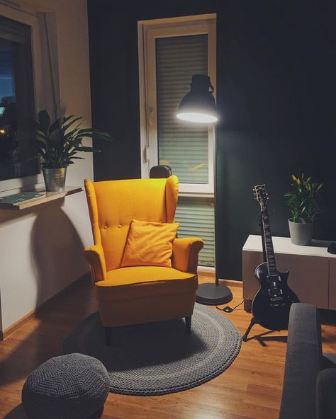 49 Likes, 6 Comments - Anks (@matisnape) on Instagram: “Reading corner upgrade :) #cozy #yellow #interior #strandmon #ikea #lazysunday #sundayevenings…” Strandmon Ikea, Strandmon Chair, Living Room Yellow, Ikea Strandmon, Room Yellow, Library Living Room, Shabby Chic Table And Chairs, Yellow Chair, Yellow Interior