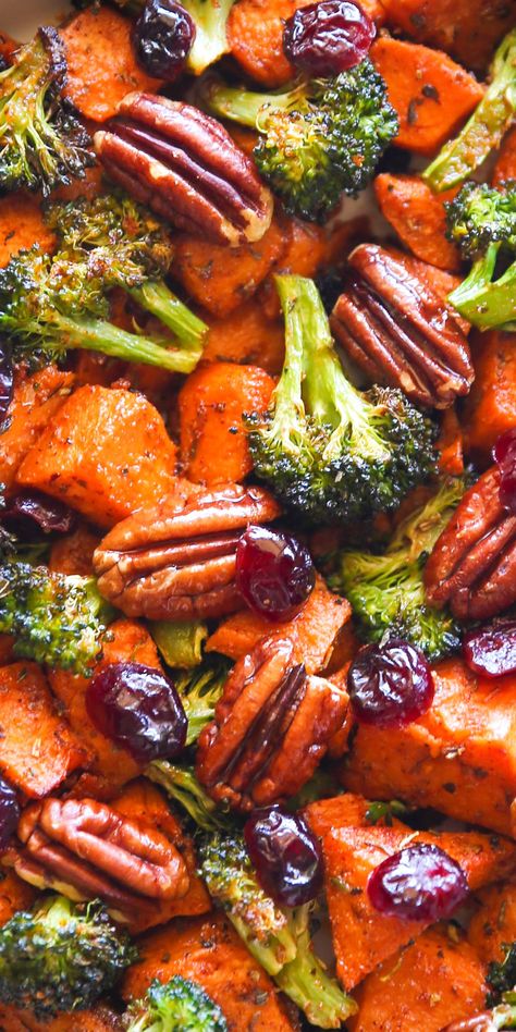 Roasted Sweet Potatoes, Broccoli, Pecans, and Cranberries - close-up photo. Vegetarian Roasted Vegetables, Broccoli And Sweet Potatoes, Sweet Potato Broccoli Salad, Sheet Pan Sweet Potatoes And Broccoli, Oven Roasted Sweet Potatoes And Broccoli, Sweet Potato And Carrots Recipes, Broccoli Sweet Potato Sheet Pan, Sweet Potato And Broccoli Recipes, Roasted Broccoli And Sweet Potatoes