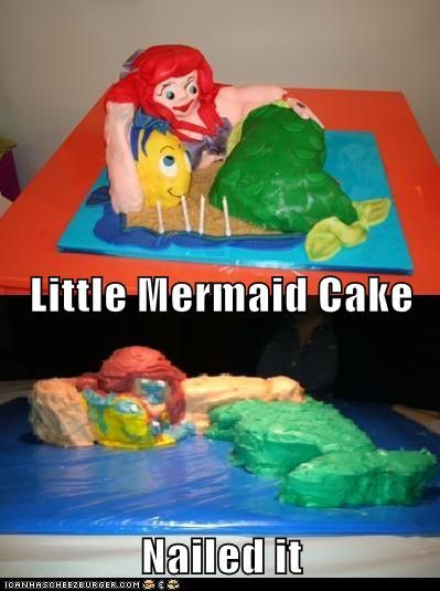 Little Mermaid Cake Nailed it um i dont think either of them r good unless Mcdonald's is now avalible "under the sea" HAHA Nail Memes, Baking Fails, Cake Fails, Fail Nails, Diy Fails, Little Mermaid Cakes, You Had One Job, Mermaid Cakes, Disney Cakes