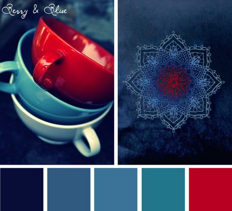 Want an easy color scheme? Try a mostly monochromatic palette with a pop of contrasting color. Watery deep blues go beautifully with bright cherry red in this Berry & Blue color scheme. Try to keep yo Apartment Color Schemes, Red Colour Palette, Blue Color Schemes, Colour Board, Color Stories, Colour Schemes, Color Swatches, Color Pallets, Color Themes