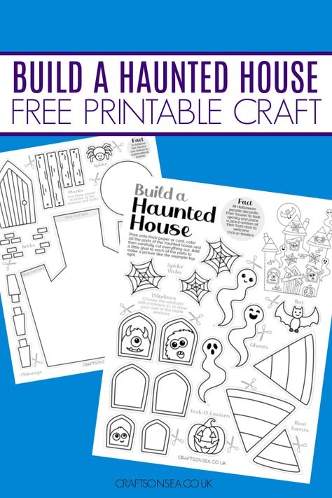 Build a Haunted House Craft (FREE Printable) - Crafts on Sea Can You Make A Haunted House, Free Haunted House Printable, Haunted House Outline, Build A Haunted House, Printable Haunted House, Haunted House For Kids, Rainbow Lessons, Haunted House Craft, October Activities