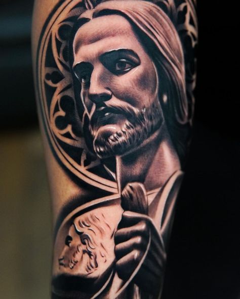 Erick Gutierrez | ✘ San Judas 📸💯🙏🏼 appointments or questions Dm/text +1 (626) 265-6354. @bishoprotary @inksav @inkeeze #monicashtattoosupply #losangeles… | Instagram San Judas Tadeo Tattoo Forearm, Tattoo Ideas For Men San Judas, San Judas Outline Tattoo, San Judas Arm Tattoo, San Judas Full Body Tattoo, Or Questions, Religious Tattoos, Tattoo Supplies, Sleeve Tattoos