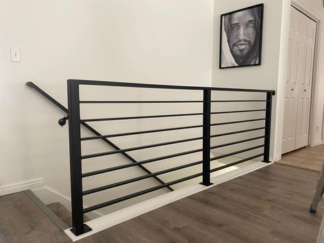 Horizontal Black Railing Stairs, Black Metal Indoor Stair Railing, Black Wire Stair Railing, Black Metal Banister, Simple Metal Stair Railing, Metal Interior Stair Railing, Indoor Metal Stair Railings, Metal Handrails For Stairs Indoor, Black Metal Railing Stairs