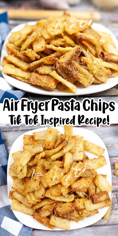 Air Fryer Tik Tok Pasta on 2 white plates, side view and overhead view. Air Fryer Pasta Chips, Air Fryer Pasta, Pasta Olive Oil, Fried Lasagna, Fried Pasta, Crispy Noodles, Pasta Chips, New Years Appetizers, Crockpot Lasagna