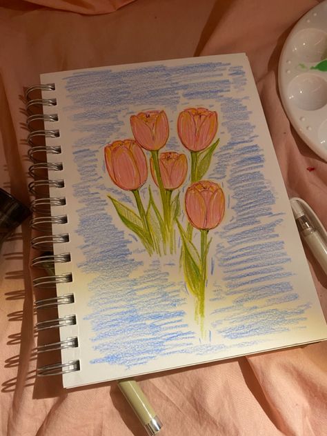 Draw Tulips Easy, Drawing Sketches Of Flowers, Drawing On Top Of Painting, Plastic Colour Drawing, Drawing Ideas Tulips, Sketch Gift Ideas, Cute Aesthetic Flower Drawings, 2024 Doodle Art, Art History Notes Aesthetic