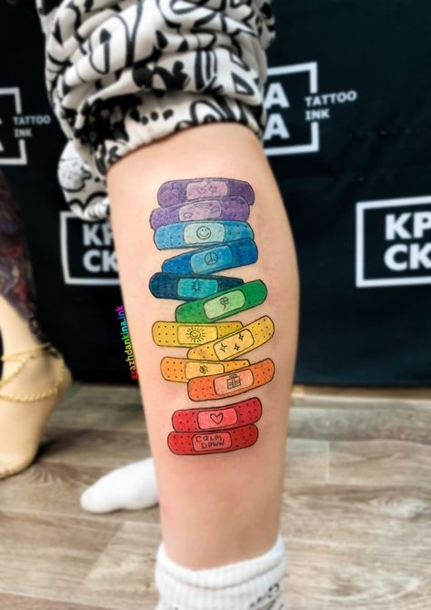 If you are looking for a unique design for your new tattoo, order it through my Fiverr www.fiverr.com/grazhdankina_s 💛 #tattoo #watercolortattoo #plaster #plastertattoo #patch #patchtattoo Grazhdankina.ink Plaster Tattoo Design, Plaster Tattoo, Rainbow Ink Tattoo, Rainbow Aesthetic Tattoo, Polkatrash Tattoo, Ster Tattoo, Lil Peep Inspired Tattoos, Food Tattoos, Sick Tattoo