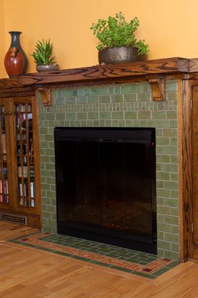 Ceramic tile fireplace hearth and face Green Fireplace Surround, Craftsman Fireplace With Built Ins, Craftsman Fireplace Ideas, Art Deco Fireplace Surround, Bungalow Fireplace, Craftsman Style Fireplace, Hearth Ideas, Arts And Crafts Fireplace, Fireplace Modern Design