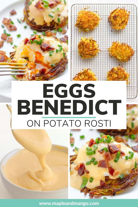 This Rosti Eggs Benedict recipe is brunch heaven! Picture this: golden crisp potato rosti topped with perfectly poached eggs, creamy hollandaise sauce, crispy bacon bits and a sprinkle of chopped chives. Absolutely mouthwatering! This delicious eggs Benedict variation is perfect for a special brunch like Easter brunch, Mother's Day brunch, Valentine's Day, Christmas brunch or anytime you want to treat yourself! | www.mapleandmango.com Eggs Benny Recipe, Cooking Poached Eggs, Hollandaise Recipe, Potato Rosti, Homemade Hollandaise Sauce, Benedict Recipe, Recipe For Hollandaise Sauce, How To Make A Poached Egg, Eggs Benny