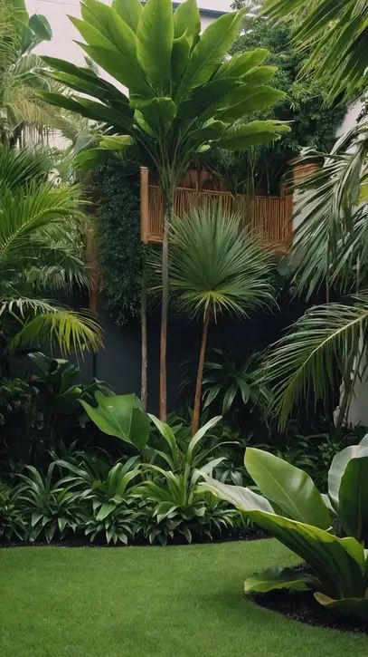 Creating an Oasis: 15 Tropical Landscaping Inspirations - TecArticles Lush Garden Ideas, Tropical Patio Ideas, Modern Yard Design, Tropical Courtyard Garden, Outdoor Feature Wall, Tropical Shrubs, Garden Sitting Area, Tropical Planting, Backyard Garden Inspiration