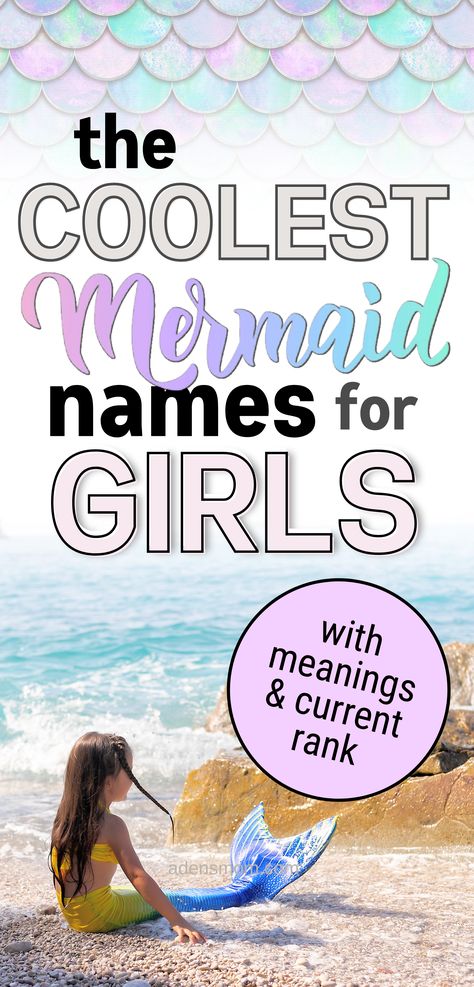 the coolest mermaid names for girls with meanings and current rank - picture of little girl mermaid sitting on beach Fairytale Names, Mermaid Name Generator, Names Ocean, Ocean Baby Names, Rustic Boy Names, Best Girl Names, Ocean Names, Vintage Boy Names