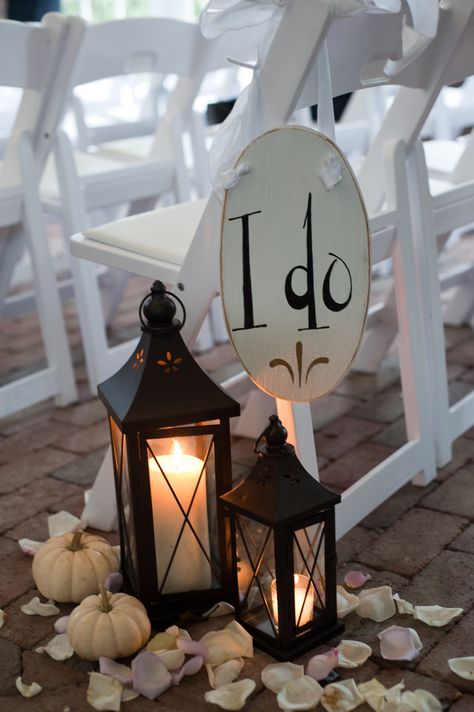 Lantern and Ivory Pumpkin Aisle Decorations Lantern And Pumpkin Centerpieces, Lantern Wedding Isles Decoration, Wedding With White Pumpkins, Beach Fall Wedding, Pumpkin Wedding Decorations, Pumpkin Centerpieces Wedding, Lanterns Wedding, Aisle Decorations, Pumpkin Wedding