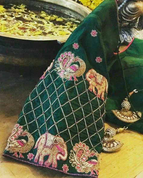 Rpyal green elephant and peacock design hand zardosi work Designer wedding saree lehenga blouses To inquire whatsapp 918888328116 or ethnicdiagmailcom Lehenga Blouses, Cotton Blouse Design, Green Elephant, Maggam Work Designs, Zardosi Work, Saree Lehenga, Blouse Design Images, Design Blouse, Saree Blouse Patterns