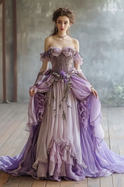 Claire Fantasy Gown, Big Dresses Gowns, Tangled Inspired Dress, Fantasy Ball Dress, Fantasy Ball Gowns, Fantasy Princess Dress, Purple Fantasy Dress, Fairytale Dress Aesthetic, Purple And Green Dress