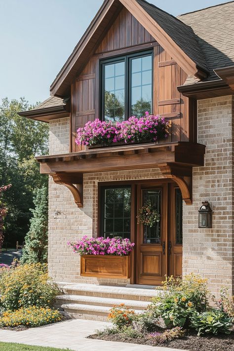 House Siding Ideas Exterior With Brick, Craftsman Brick Exterior, Brick Houses With Siding, Brown Home Exterior, Tan Brick House Exterior Color Schemes, Tan Brick House Exterior, Brown Brick House Exterior, Rustic Cottage Exterior, Whitewash Brick House