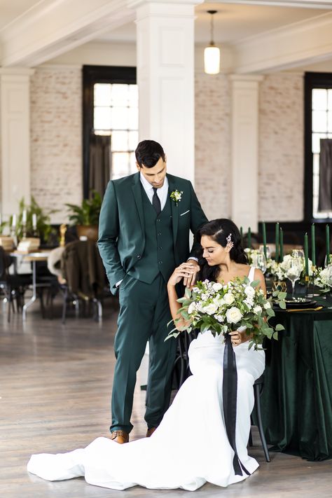 One of the hottest trends of this year's winter weddings is infused with touches of velvet. Check out one of our favorite styled shoots with Hunter Green Velvet linens. Winter Wedding Hunter Green, Hunter Green Tuxedo Wedding, Hunter Green Tuxedo, Christmas Wedding Suits, Hunter Green Suit, Green Velvet Wedding, Green Tux, Hunter Green Wedding, Green Suit Men