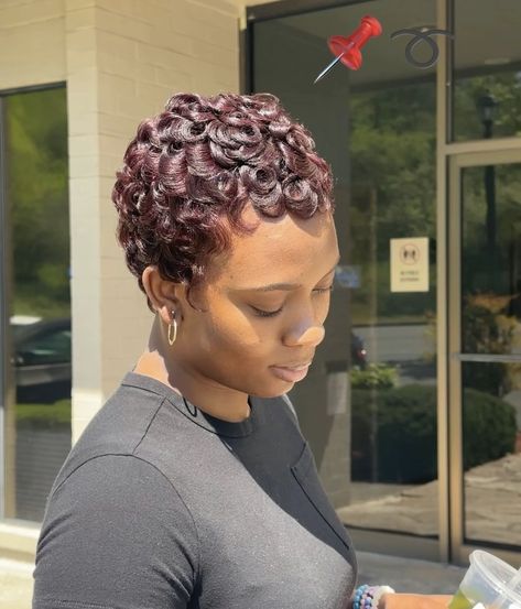 Red Pixie Cut, Red Pixie Cuts, Short Quick Weave, Finger Waves Short Hair, Quick Weaves, Red Pixie, Hair For Black Women, Flat Iron Curls, How To Curl Short Hair