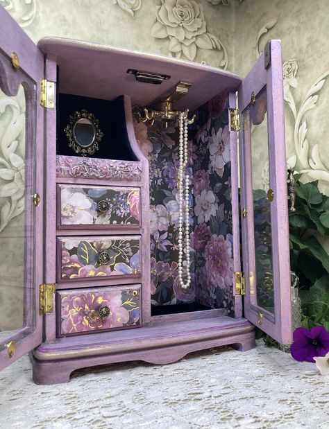 Dresser Top Makeover, Jewelry Box Makeover Diy, Purple Dresser, Jewellry Box, Box Makeover, Jewelry Box Makeover, Jewelry Box Design, Whimsical Furniture, Painted Jewelry Boxes