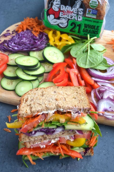 Rainbow Vegetable Sandwich | The Nutritionist Reviews Healthy Vegetarian Sandwich Recipes, Rainbow Vegetables, Vegetable Sandwich, Vegetarian Sandwich Recipes, Sandwhich Recipes, Healthy Sandwich Recipes, Cream Cheese Spread, Grain Bread, Vegetarian Sandwich