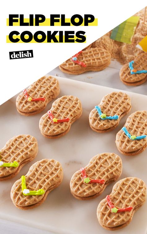 These Flip Flop Cookies are the cutest thing to do with Nutter Butters. Get the recipe at Delish.com. #recipe #easy #easyrecipe #cookies #peanutbutter #cookie #decoratingideas #flipflops #summer #cute Jimmy Buffett Party, Summer Party Desserts, Flip Flop Cookie, Cheesy Cauliflower Bake, Slushie Recipe, Party Cookies, Nutter Butter Cookies, Nutter Butter, Biscotti Recipe