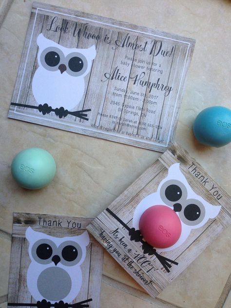 Rustic owl themed baby shower invitation printable, matching EOS lip balm party favor, barnboard, gray, white, black, custom, personalized Owl Themed Parties, Owl Baby Shower Theme, Lip Balm Favors, Lip Balm Containers, Lip Balm Gift, Eos Lip Balm, Printable Baby Shower Invitations, My Son Birthday, Invitation Printable