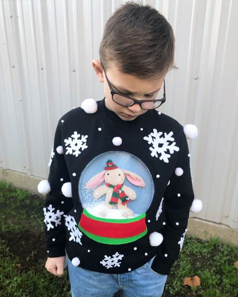 Toddler Boy Ugly Christmas Sweater, Tacky Christmas Sweater For Kids, Kids Christmas Ugly Sweater Ideas, Ugly Sweater Boys Diy, Diy Snow Globe Sweater, Crazy Sweater Ideas For Kids, Diy Ugly Xmas Sweater Kids, Snow Globe Christmas Sweater, Kids Tacky Christmas Sweater