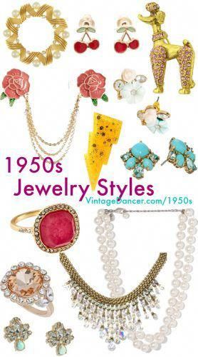 1950s jewelry styles and trends.  Pins, flower earrings, gold bracelets, rhinestone cocktail rings,  pearl necklaces, and sweater guards are just a few popular fifties jewelry types. Learn and shop at VintageDancer.com/1950s 50s Earrings, 1950s Jewelry Style, 50s Jewelry, Mode Rockabilly, 1950s Earrings, 1950s Costume, Rings Pearl, 1950s Jewelry, Womens Fashion Casual Chic