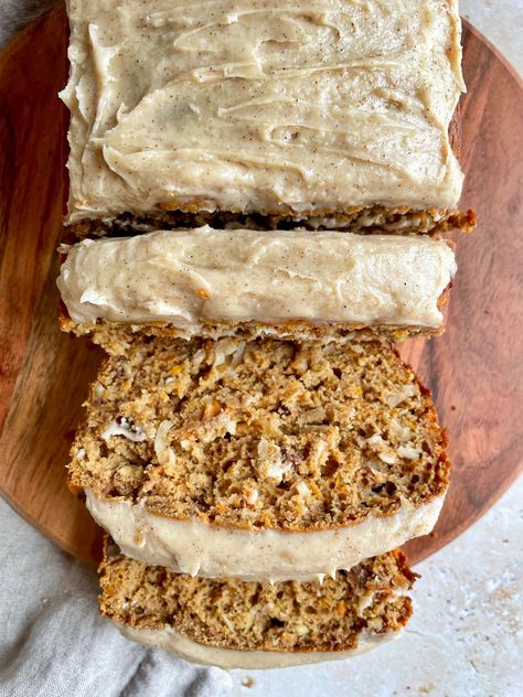 Oat Flour Carrot Cake Loaf - Thechowdown Oat Flour Carrot Bread, Oat Flour Loaf, Oat Loaf Cake, Carrot Cake Loaf Recipe Healthy, Oat Flour Carrot Cake, Oat Carrot Cake, Carrot Cake Loaf Recipe, Lactose Free Cream Cheese, Carrot Cake Bread