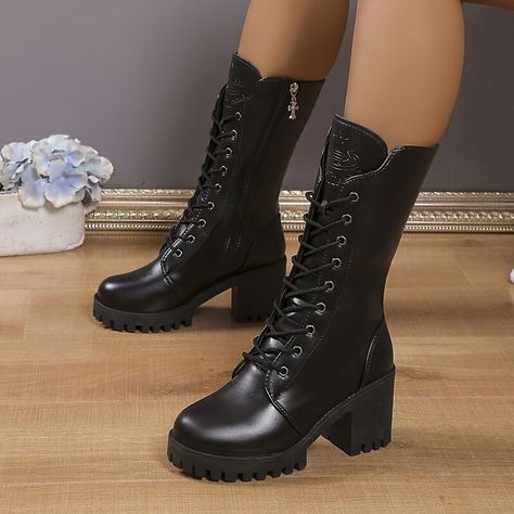 Women's Boots Combat Boots Motorcycle Boots Lace Up Boots Outdoor Work Daily Solid Color M Combat Boots Aesthetic, Combat Boots Heels, Heeled Combat Boots, Knee High Boots Winter, Goth Boots, Vegan Leather Boots, Black Combat Boots, Motorcycle Boots, Mid Calf Boots