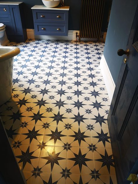 Master bathroom tiles. For more inspiration check out our Instagram account documenting our renovation and interior design journey @this_auld_house Bathroom Patterned Tiles, Bathroom Star Tile, Star Tile Bathroom, Pnw House, Powder Bathroom Ideas, Dark Blue Bathrooms, Bathroom Splashback, Patterned Bathroom Tiles, Navy Bathroom