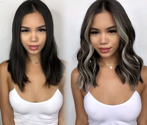 Ash Brown Balayage On Black Hair With Money Piece, Dark Black Hair With Money Piece, Moneypiece On Black Hair, Hair Dye Ideas For Hispanics, Black Hair With Light Front Pieces, Short Black Hair Money Piece, Short Black Hair With Lowlights, Black With Money Piece, Face Framing Dark Hair