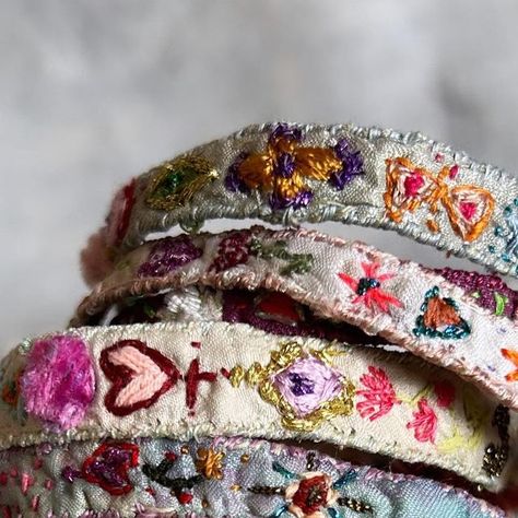 Fabric Cuff Bracelets Diy, Fabric Bracelets Diy, Cuff Bracelets Diy, Embroidered Sweaters, Fabric Cuff Bracelet, Whimsical Aesthetic, Embroidered Bracelet, Bracelets Collection, Fabric Bracelets