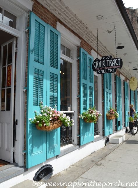 Turquoise Shutters http://betweennapsontheporch.net/colorful-shutters-of-new-orleans/ Teal Door And Shutters, Exterior French Doors Patio, Turquoise Shutters, Porch Shutters, Colorful Shutters, Modern Style Ideas, Exterior French Doors, New Orleans Decor, Trending Home Decor