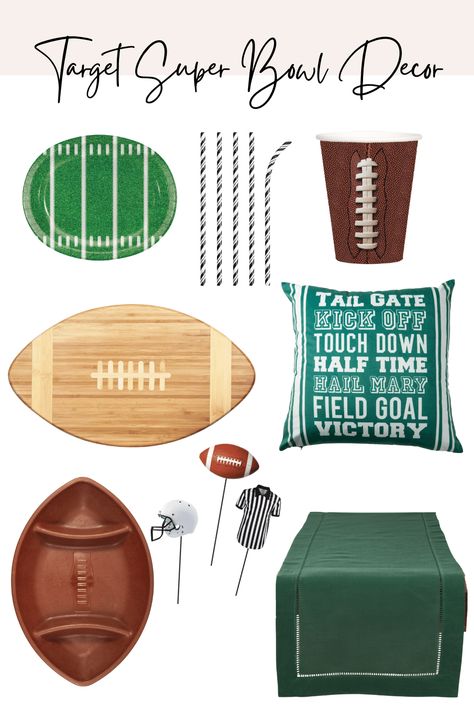 Collage of football-themed products from Target: Plates, straws, cups, cutting board, pillow, chips and dip dish, centerpiece sticks and table runner Super Bowl Party Decor, Super Bowl Decor, Super Bowl Party Decorations, Diy Super Bowl, Throwing A Football, Packers Party, Superbowl Party Decorations, Super Bowl Decorations, Football Party Decorations