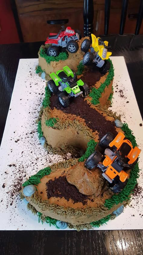 Three year old cake with four wheelers! 4wheeler Birthday Cake, 4 Wheeler Birthday Cake, Four Wheeler Birthday Cake, 4wheeler Birthday Party Ideas, Atv Birthday Party Ideas, Four Wheeler Birthday Party, 4 Wheeler Birthday Party, Four Wheeler Cake, Atv Cake