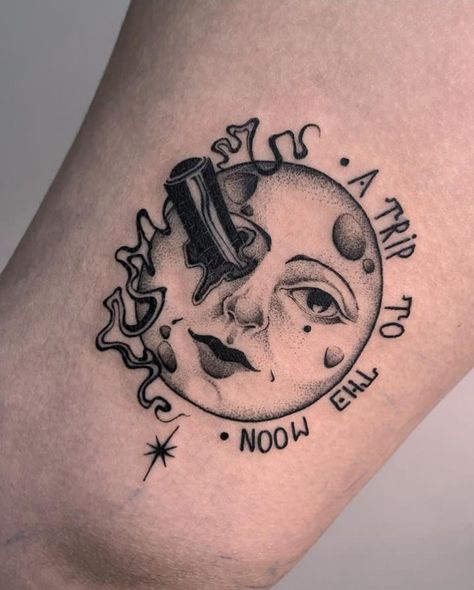 Hugo Cabret Tattoo, A Trip To The Moon Tattoo, To The Moon Tattoo, Moon Face Tattoo, Trippy Tattoo Ideas, Wolf And Moon Tattoo, The Moon Tattoo, A Trip To The Moon, Half Moon Tattoo