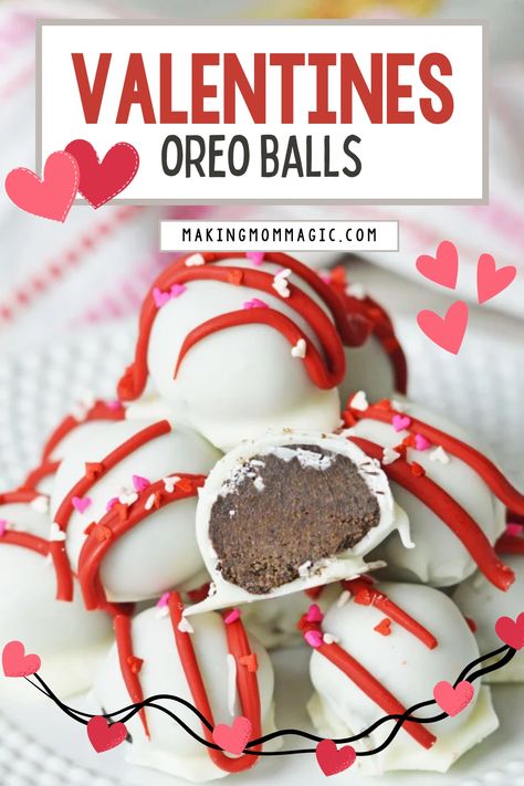 These Valentines oreo balls are so festive and fun to make. If you've never tried oreo truffles you are really missing out. We dipped these into vanilla almond bark, drizzled with melted candy melts, and sprinkled with little miniature heart sprinkles. Oreo Balls Valentines Day, Melted Candy, Oreo Truffles Recipe, Truffles Recipe, Oreo Balls, Heart Sprinkles, Valentine's Day Treats, Oreo Truffles, Almond Bark