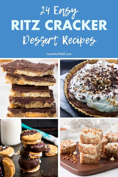 A round-up of 24 dessert recipes featuring Ritz crackers! There are lots of classic no-bake chocolate peanut butter treats as well as recipes for cookies, bars, cakes, pies, cheesecake, and ice cream sandwiches. The perfect easy sweet and salty desserts! #desserts #easydesserts #dessertrecipes #Ritzcrackers Ritz Cracker Recipes Snacks, Ritz Cracker Dessert, Peanut Butter Treats, Cracker Dessert, Salty Desserts, Ritz Cracker Recipes, Peanut Butter Crackers, Mini Dessert Recipes, Ritz Cracker