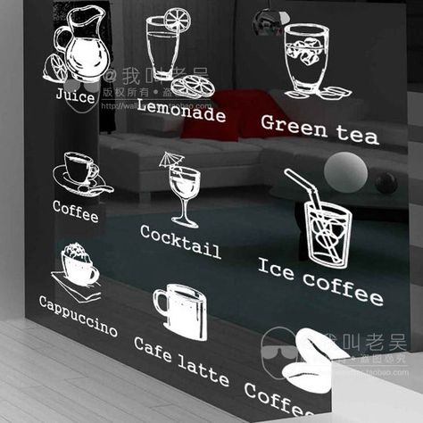 Café Menu Door & Window Sticker -  Image Source: https://www.pinterest.co.uk/pin/520447300678721061/ Green Tea Coffee, Menu Signage, Vinyl Business, Cafe Window, Cake Coffee, Shop Window Stickers, Cafe Wall, Coffee Stickers, Coffee Shop Design