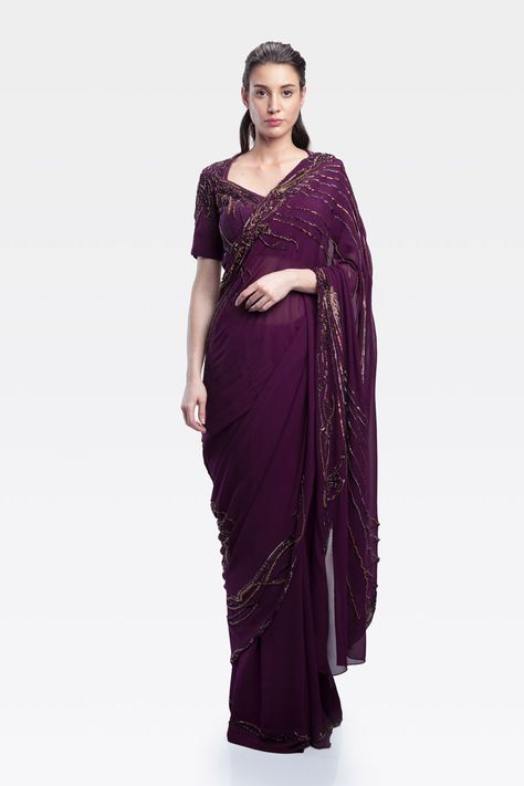 Solid Colour Saree, Court Fashion, Autumn Court, Grape Wine, Gaurav Gupta, Saree Lehenga, Traditional Saree, Red Saree, South Asian Wedding