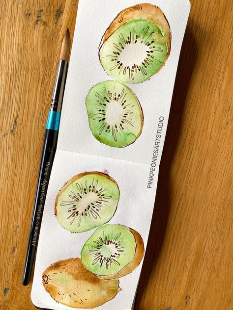 Watercolour Kiwi Fruit, Kiwi Watercolor, Pink Peonies Art, Sketchbook Tour, Watercolor Fruit, Fruit Illustration, Watercolor Sketchbook, Fruit Painting, Sketchbook Drawing