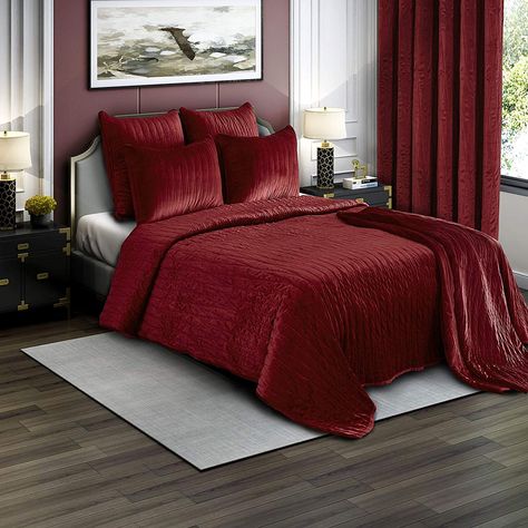 Brielle Premium Heavy Velvet Quilt Set with Cotton Backing, Full/Queen, Burgundy* Check out the image by visiting the link. (This is an affiliate link) #quiltsets Red Bedding Ideas, California King Quilts, Bathroom Things, King Quilt Sets, Bedroom Deco, Handmade Stuff, Red Bedding, Velvet Quilt, Bedroom Red